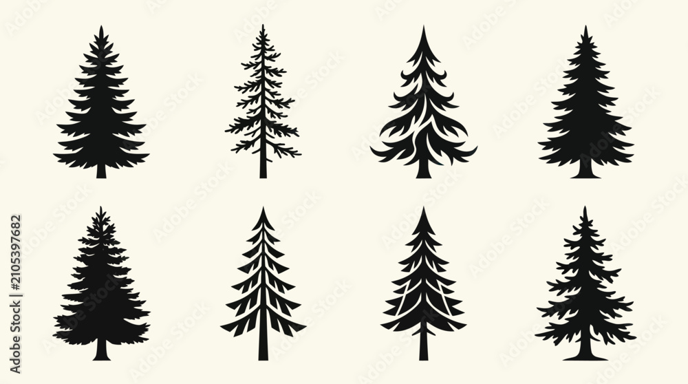 Obraz premium Collection of diverse evergreen tree silhouettes