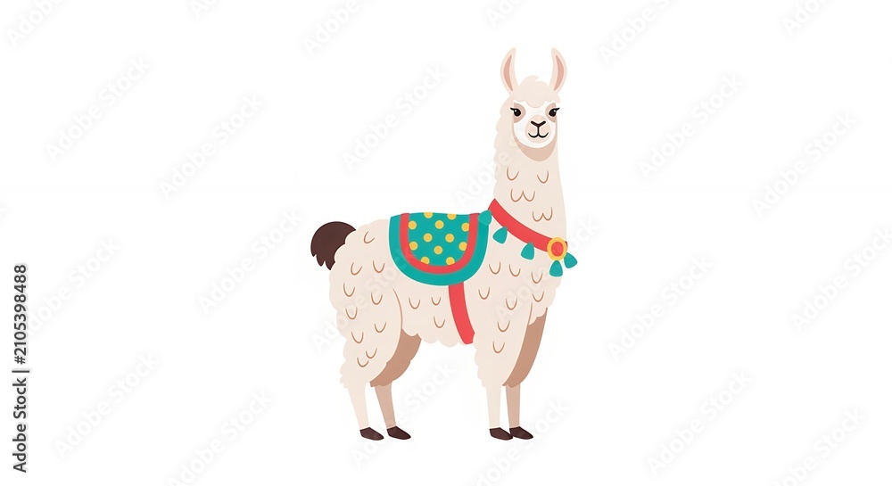 Fototapeta premium Cute White Llama Alpaca with Colorful Decorative Tribal Saddle and Neck Tassels Isolated on White Background Flat Style