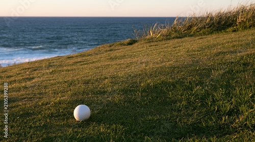 golf. A golf ball resting on a grassy slope leading to an ocean horizon, bathed in golden hour lighting for a serene landscape. travel magazines.