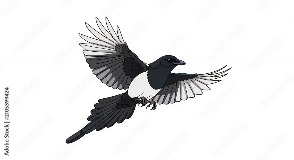 Obraz premium Beautiful magpie bird in flight with black and white feathers soaring isolated on plain white background