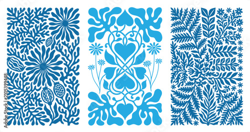 Photography Blue Floral and Botanical Patterns in a Triptych Layout Vector Illustration