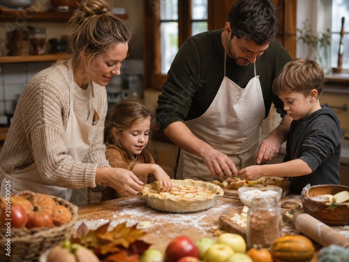 Happy family with two young children baking a homemade apple pie together in a cozy rustic kitchen, autumn seasonal holiday preparation and quality...