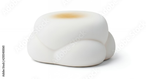 Realistic Soft Fluffy White Mochi Rice Cake with Golden Toasted Spot Isolated on White Studio Background