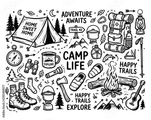 Hand drawn doodle set of camping gear and outdoor adventure elements.