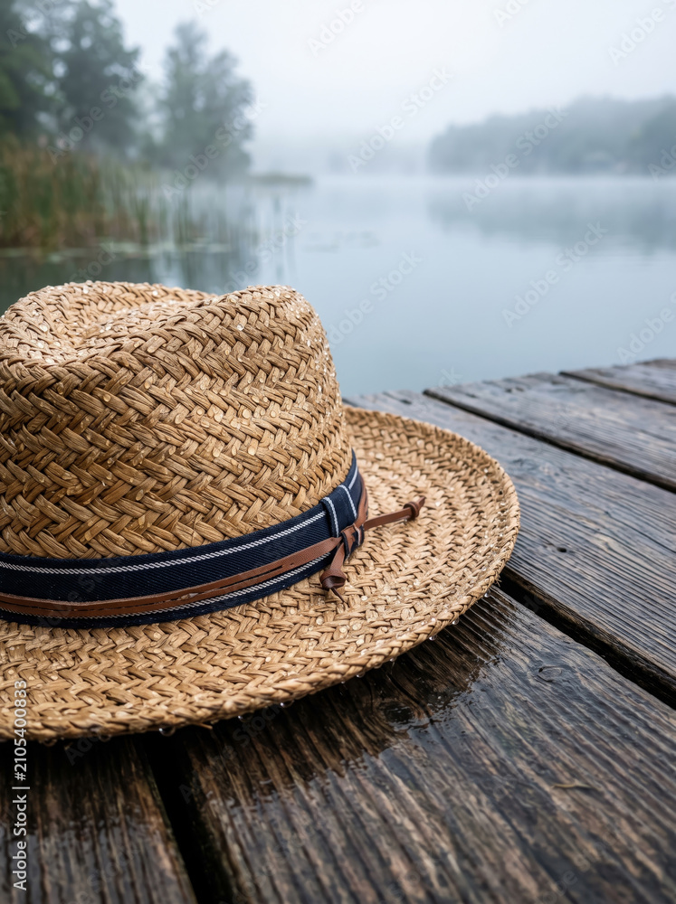 Fototapeta premium Straw Sun Hat on Wooden Boardwalk with Beautiful Serene Foggy Landscape