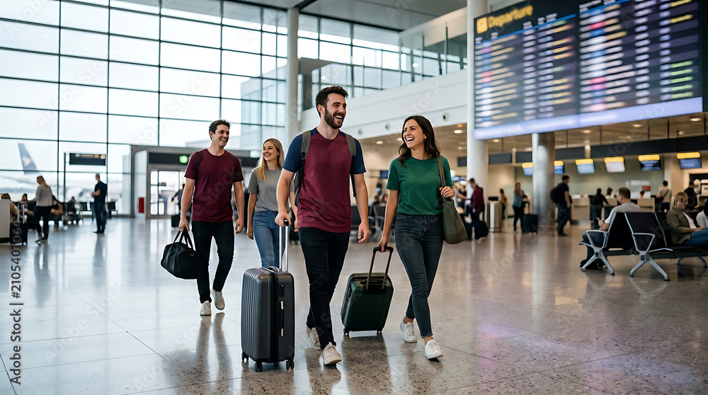 Fototapeta premium A group of four friends walking through a bright, modern airport terminal with their luggage, ready for their flight.