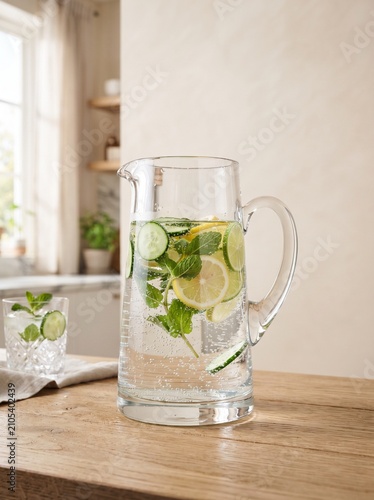Refreshing sparkling infused water pitcher with fresh cucumber slices lemon rounds with vibrant green mint leaves displays clear glass invigorating