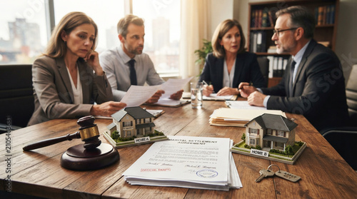 Professional lawyers and clients discuss a complex property division during a formal marital settlement legal meeting