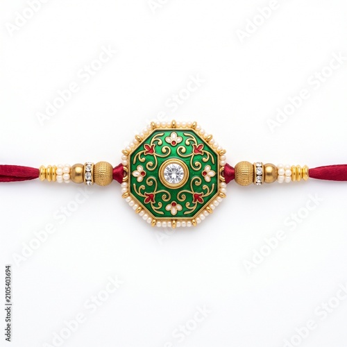 Traditional Meenakari Rakhi with Green Floral Hexagon Pearl Border Gold Beads.