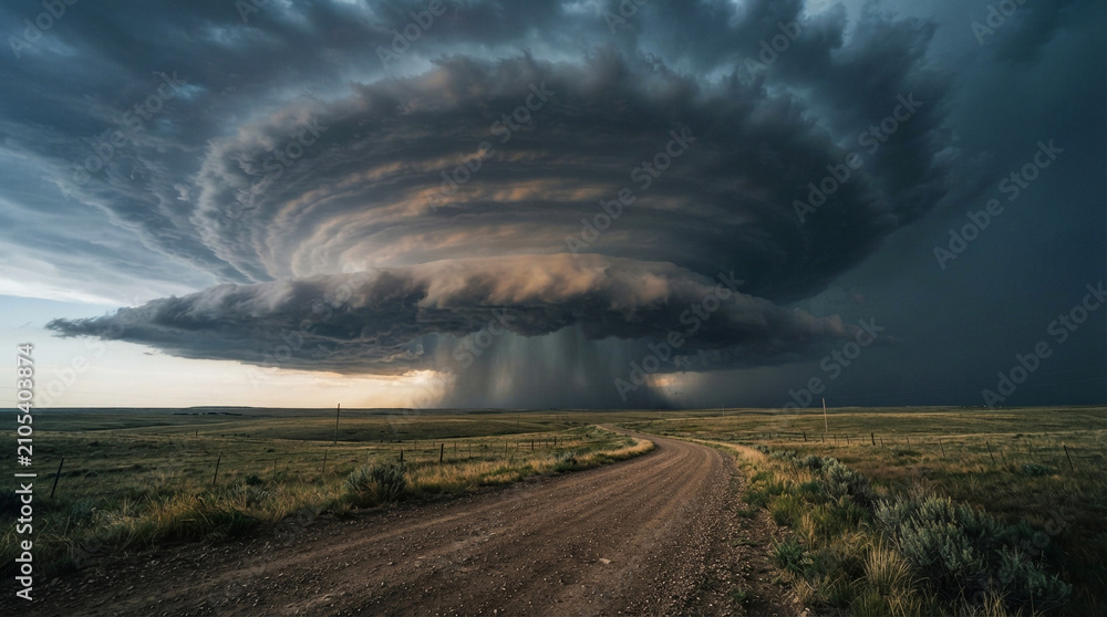 Fototapeta premium Massive rotating supercell storm cloud hovering over a quiet rural dirt road in open plains