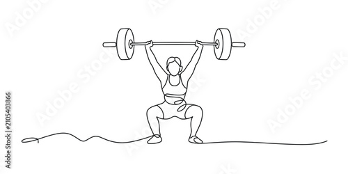 Картината върху платно Continuous one line drawing of a female weightlifter lifting a heavy barbell ove