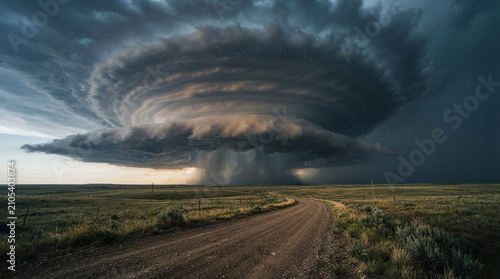Massive rotating supercell storm cloud hovering over a quiet rural dirt road in open plains