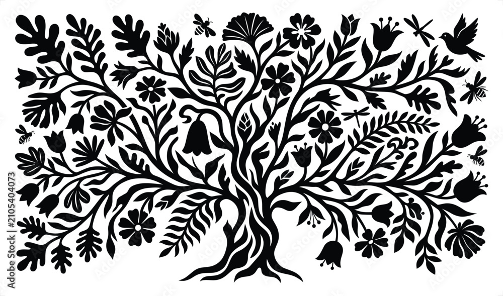 Fototapeta premium Decorative black tree with blooming flowers and flying insects in a whimsical folk art style