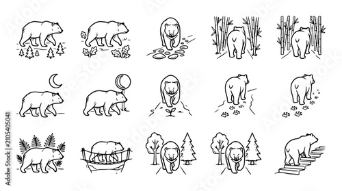 Schilderij op canvas Bear Icons Collection: Wildlife, Nature, Forest, and Seasons