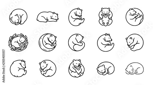 Foto Cute Hand-Drawn Bear Icons: Sleeping, Resting, and Curled Up Poses