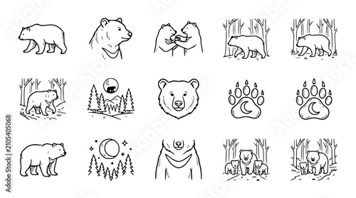 Bild auf Leinwand Bear Icon Collection: Wildlife, Forest, Moon, Paw Prints - Hand Drawn Line Art