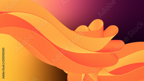 Modern abstract background design featuring unique 3D fluid wave shapes consisting of overlapping vertical segments. Vibrant orange to yellow color gradients stand out against a dark purple-pink gradi