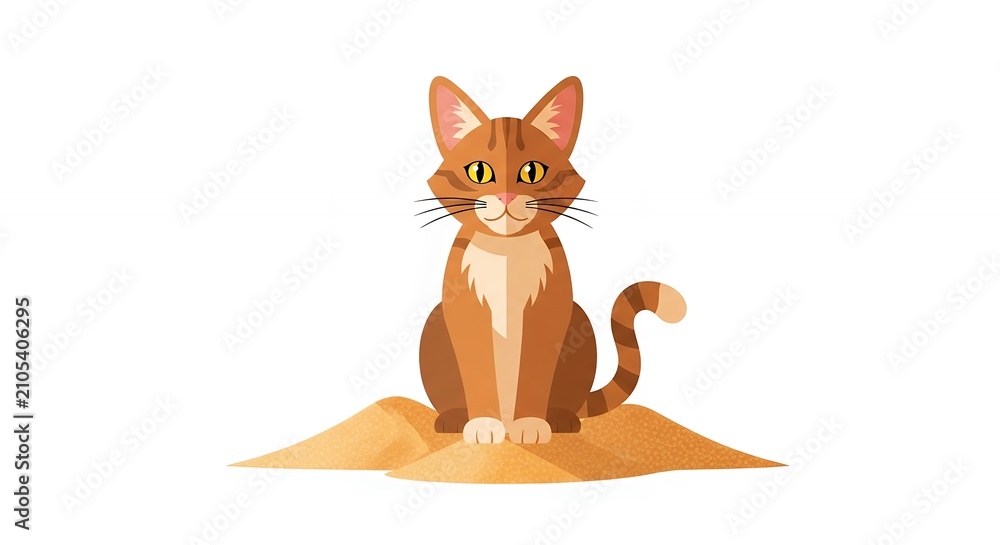 Fototapeta premium Cute Orange Tabby Cat Sitting on Sand Pile Flat Illustration Isolated on White Background for Pet Projects