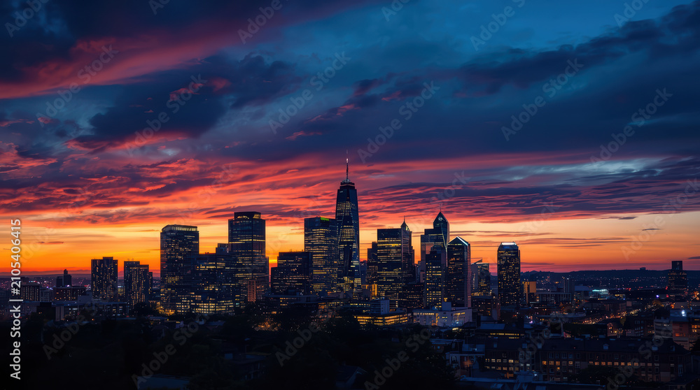 Fototapeta premium Twilight skyline with illuminated office windows and dramatic colorful clouds