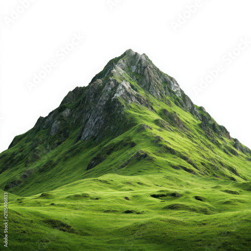 Green mountain peak with lush vegetation isolated on transparent background