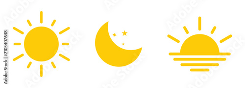 Sun, moon and sunset solid icon set. Day and night celestial symbols. Sunrise and sunset weather icons. Solar and lunar nature elements. Flat glyph vector collection isolated on transparent background