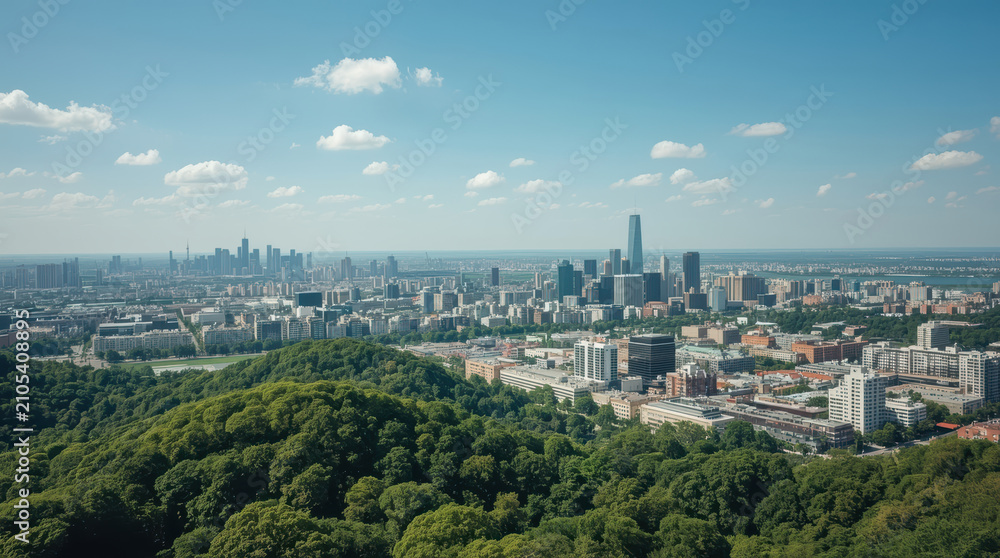 Fototapeta premium Aerial view of modern city skyline beyond lush green forest with bright sky and clouds