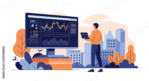 Stock market trader with laptop monitoring live financial charts on a large digital screen against a city skyline.