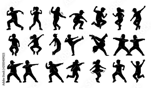Obraz na plátne Happy Children Dancing Street Dance Silhouette Vector Collection with Boys and G