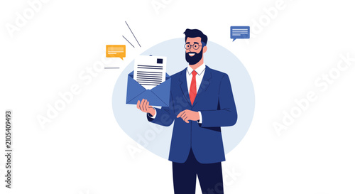 Happy businessman in a professional blue suit holding a new physical document inside a blue open envelope mail.