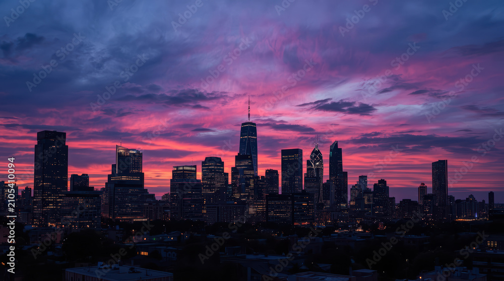 Fototapeta premium Twilight skyline with illuminated office window silhouettes and dramatic pink clouds