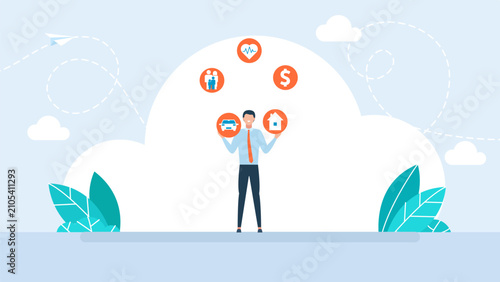 Businessman juggling life priorities icons. Work life balance concept, man managing family health money house and car goals, multitasking manager financial stability. Vector illustration
