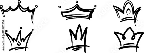 Fotografie Hand Drawn Crown Set Black Brush Line Art Royal Diadem Vector Icon King Queen Ti