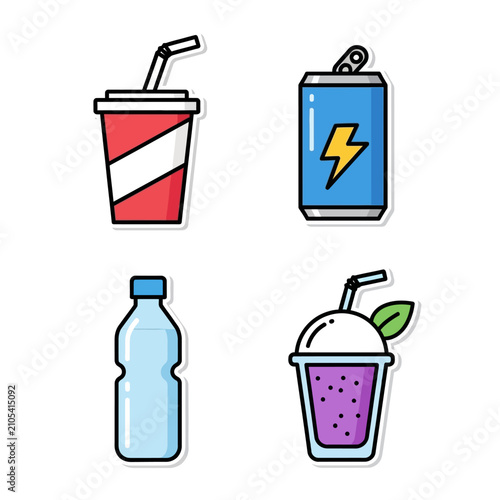 Beverage collection vector icons including soda cup energy drink can plastic water bottle and delicious berry smoothie set.