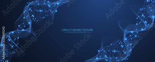 Futuristic blue circuit board system background. Modern technology circuit board texture background design. Quantum computer technology concept. Motherboard vector illustration