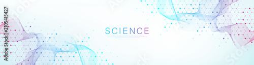 Molecular abstract structure and genetic engineering DNA. Healthcare and medicine background concept. Scientific research background. Wave flow. Innovation pattern. Vector illustration.