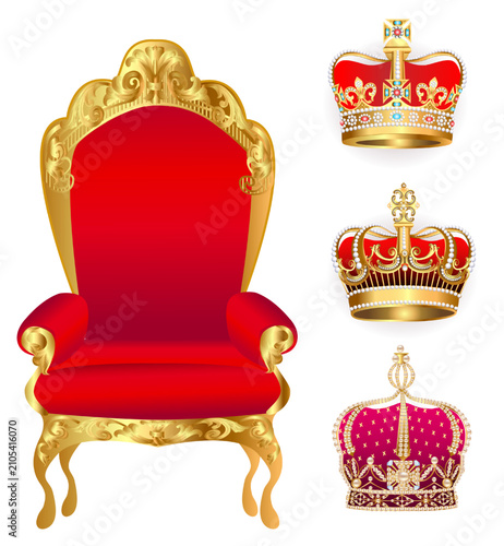 Фотография Illustration of a royal throne and golden crowns with precious stones