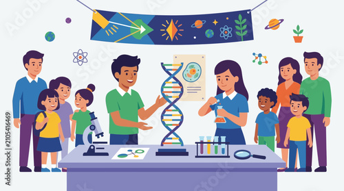 Students and Teacher at Science Fair with DNA Model and Microscope