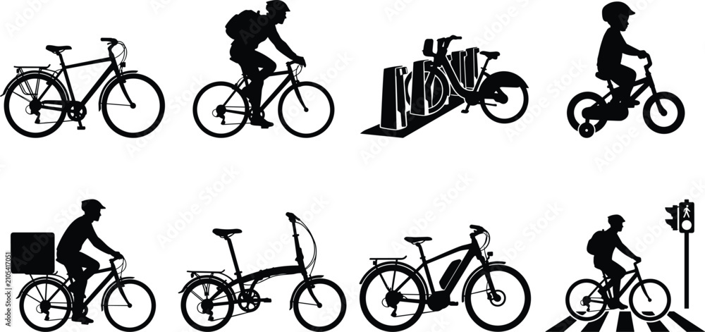 Obraz premium Bicycle silhouette collection featuring city commuter, food delivery cyclist, bike sharing station, folding e-bike, kid with training wheels, and crosswalk pedestrian safety.