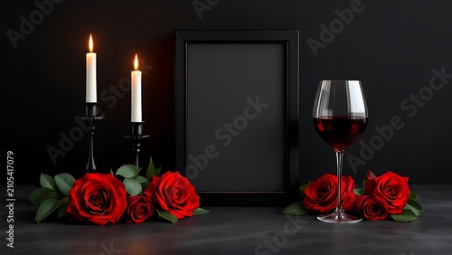 A sombre memorial arrangement with lit candles red roses a glass of red wine and a black picture frame