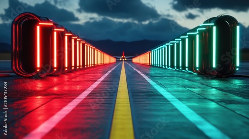 Stunning early morning scene of a vibrant neon runway queue captured in high definition detail