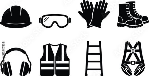 Personal protective equipment and construction safety black glyph icons set featuring hard hat goggles gloves boots earmuffs vest ladder and harness
