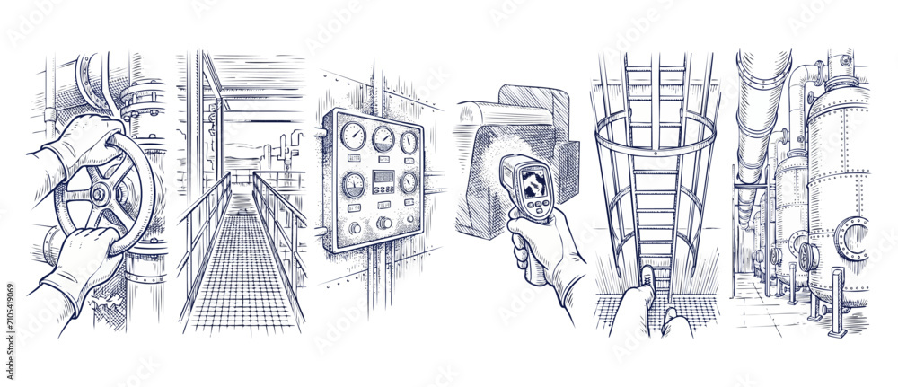Obraz premium Industrial factory maintenance sketch drawings showing plant operations, manual valve turning, gauge control panel, thermal scanner inspection, caged ladder climb, and storage boiler tank pipes.