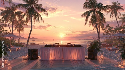 DJ Set on a Tropical Beach During Sunset With Palm Trees and Vacation Setup