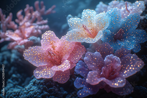Colorful Tropical Coral Reef with Marine Fish and Sea Anemones Underwater in a Blue Ocean Aquarium and Natural Saltwater Diving Environment