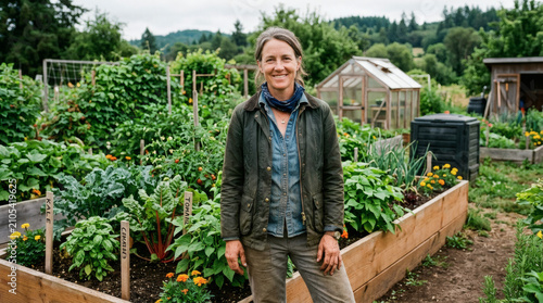 A female gardener with a warm smile stands proudly amidst a thriving garden, showcasing raised beds overflowing with vibrant vegetables and foliage. Behind her.