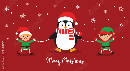 Merry Christmas greeting card with a cute penguin in a santa hat and two elves holding a candy cane string on red.