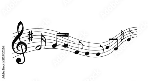 Black musical notes and symbols floating along a wavy staff representing melody and harmony in an artistic design.