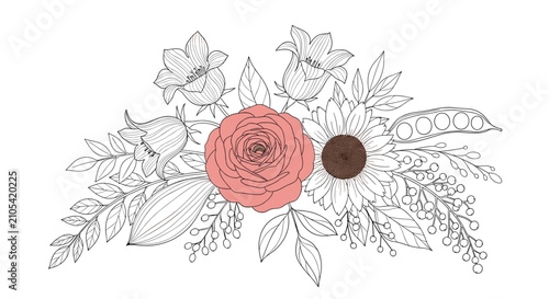 Elegant floral arrangement featuring a red rose and sunflower surrounded by bluebells and various green botanical elements.