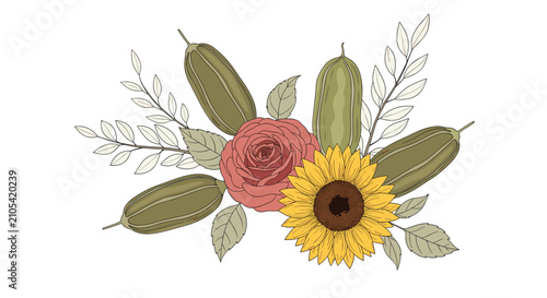 Beautiful floral bouquet illustration featuring a large red rose, a bright sunflower, and various green leaves and stems.