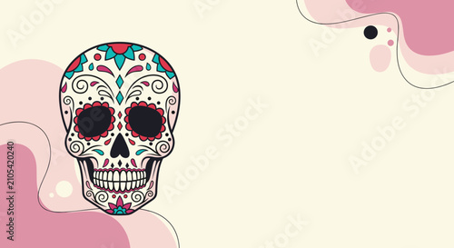 Colorful sugar skull with intricate floral patterns and decorations on a background of soft pink abstract fluid shapes.